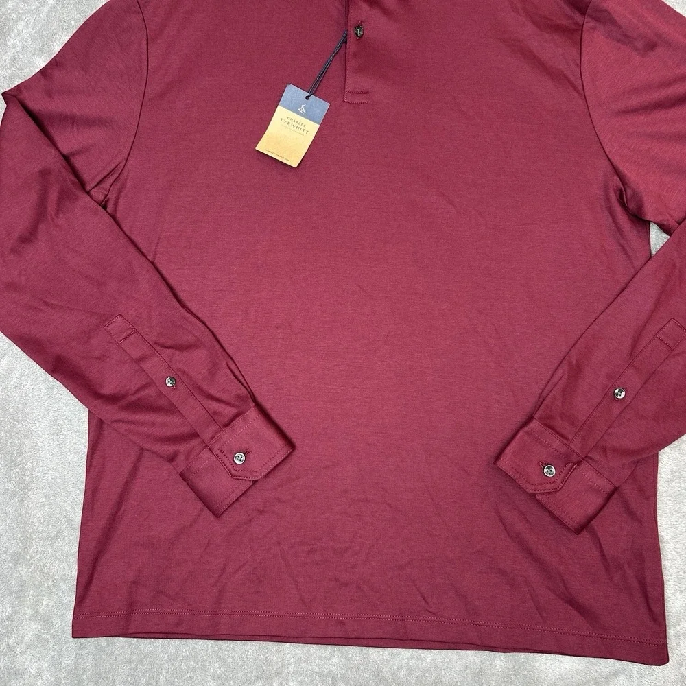 Charles Tyrwhitt Mens Medium Long Sleeves Polo Wine Red Shirt 100% Cotton Shirt - Picture 6 of 16